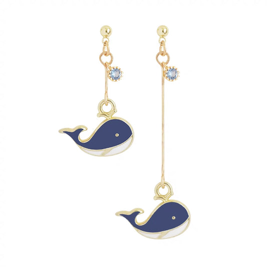 Asymmetrical Navy Whale Dangle Earrings with Clip-On or Sterling Silver Options